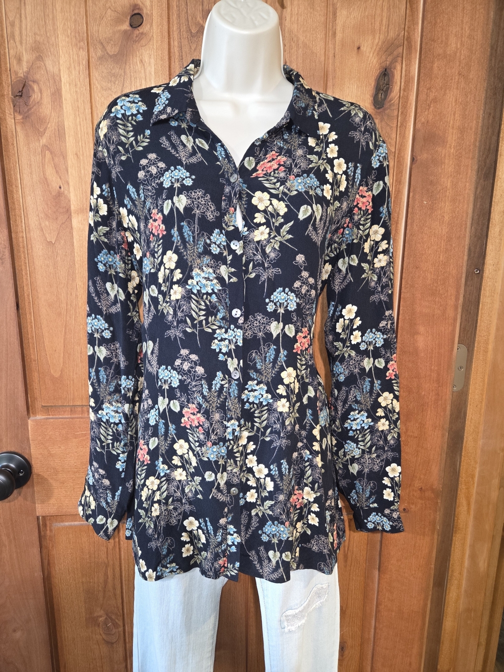 J. Jill Navy Floral Button-Up Blouse with Multicolor Blooms